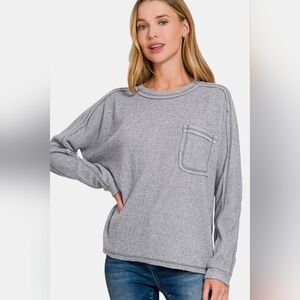 Zenana Full Size Contrast Stitching Brushed Ribbed Hacci Knit Top